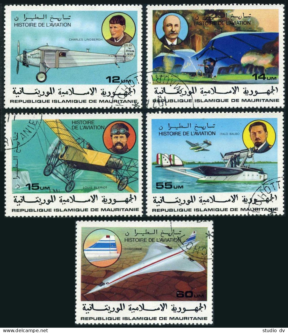 Mauritania 367-371,372,CTO. History Of Aviation,1977.Charles Lindbergh,Concorde, - Mauritania (1960-...)
