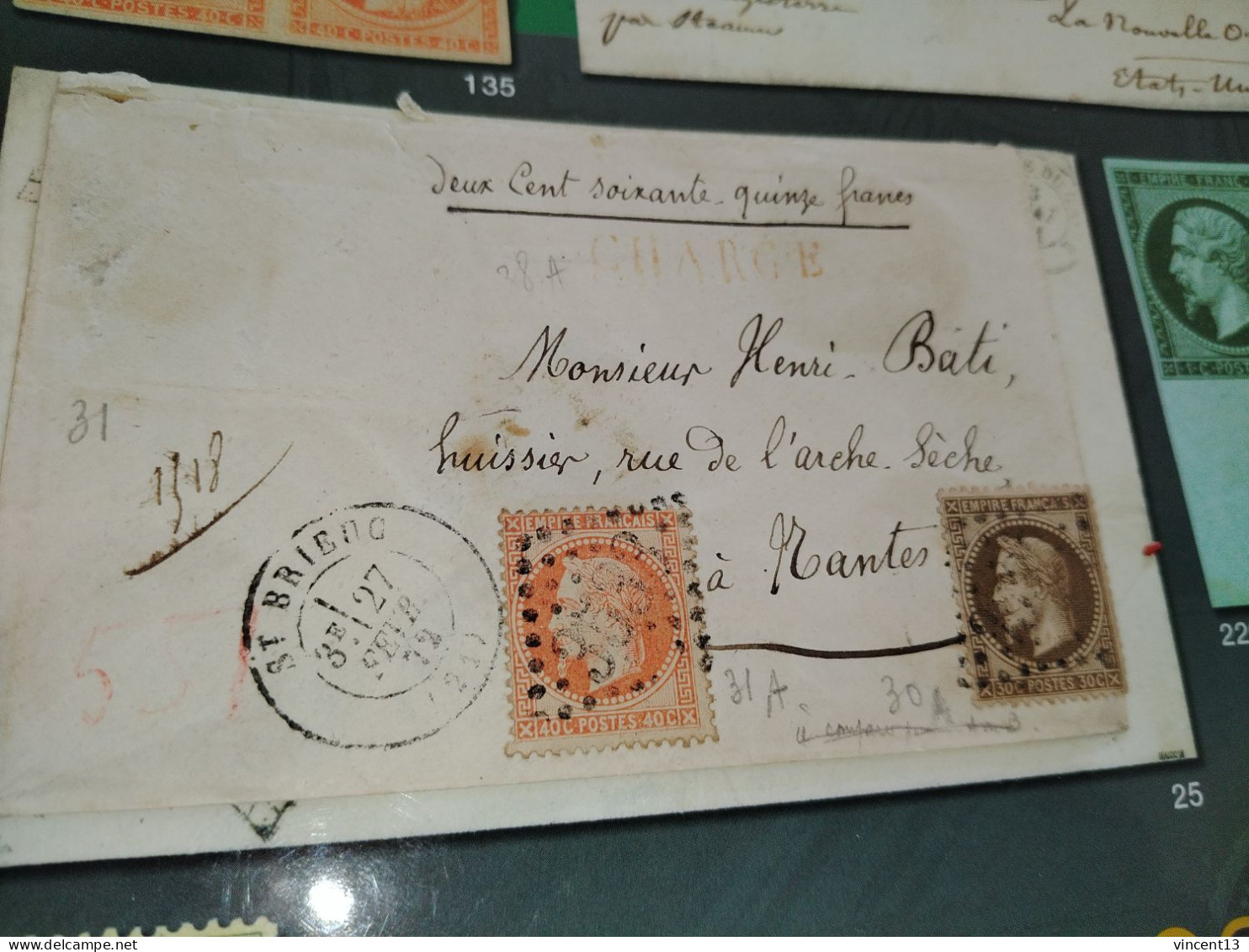 Lettre Chargée 1872 St Brieuc  France No 30 Et 31 - 1863-1870 Napoléon III Lauré