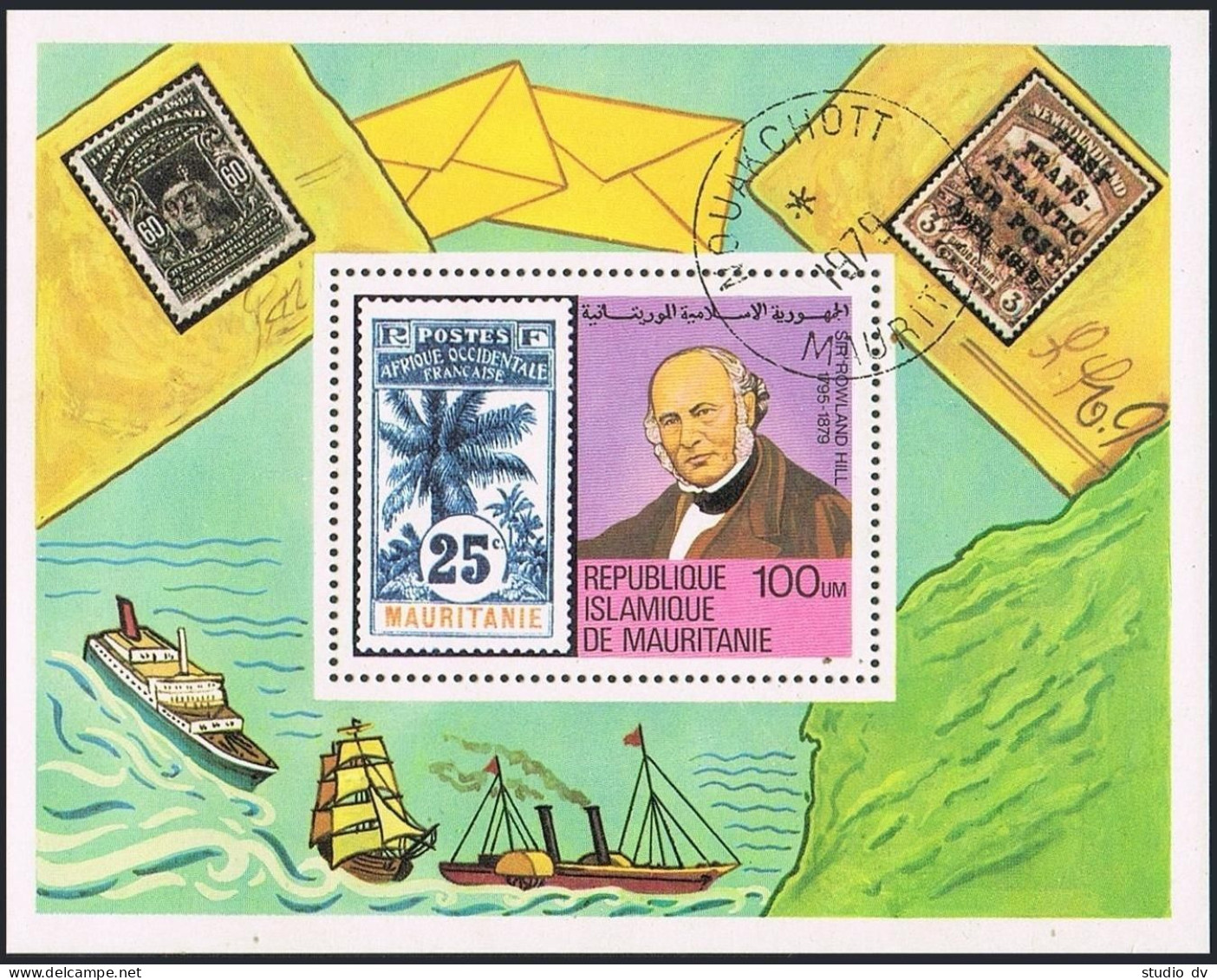 Mauritania 419,CTO.Michel Bl.24. Sir Rowland Hill,1989.Postal Ships,Palm. - Mauritania (1960-...)