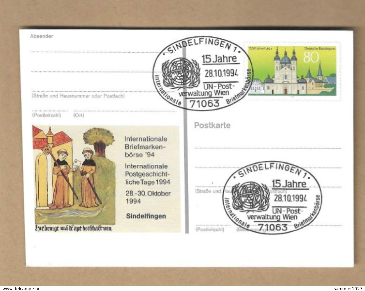 Los Vom 19.05 -  Ganzsaxhe-Postkarte Aus Sindelfingen 1994 - Lettres & Documents
