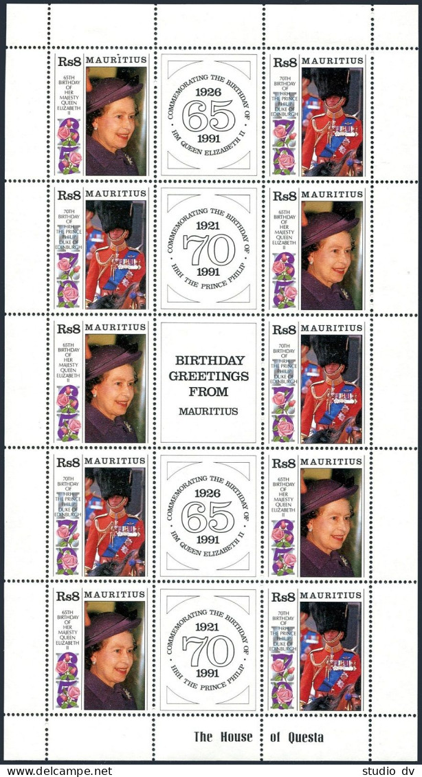 Mauritius 733-734a Sheet, MLH/MNH. Queen Elizabeth II & Philip Birthdays, 1991. - Maurice (1968-...)