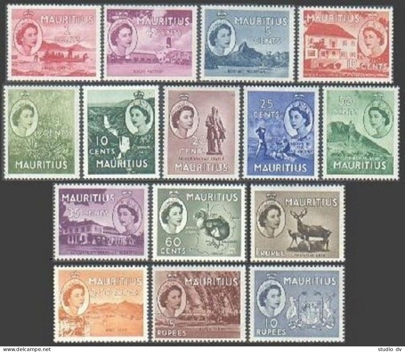 Mauritius 251-265,hinged. Mi 243-257zz. QE II,1953.Grand Port,Aloe,Map,Dodo,Arms - Mauritius (1968-...)