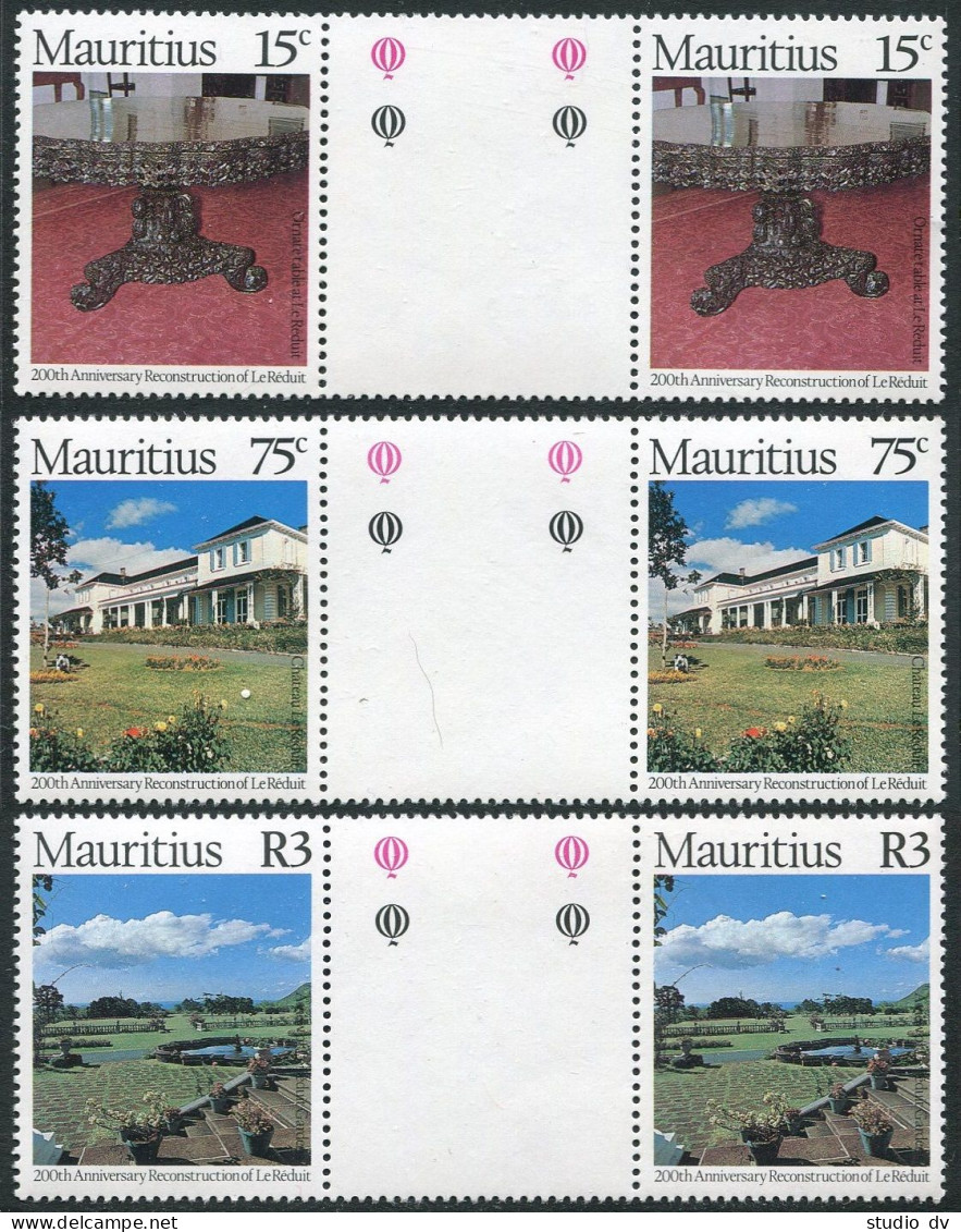 Mauritius 473-475 Gutter, Damaged Gum. Chateau Le Reduit, 1978. Table, Garden. - Mauritius (1968-...)