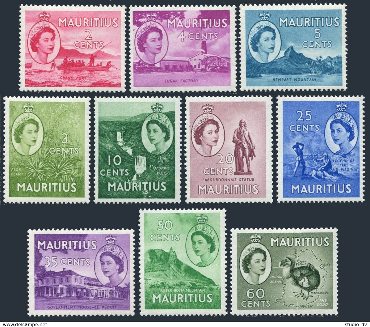 Mauritius 251-255,257-261,MNH. QE II,1953-1954.Grand Port,Aloe Plant,Map,Dodo, - Mauritius (1968-...)