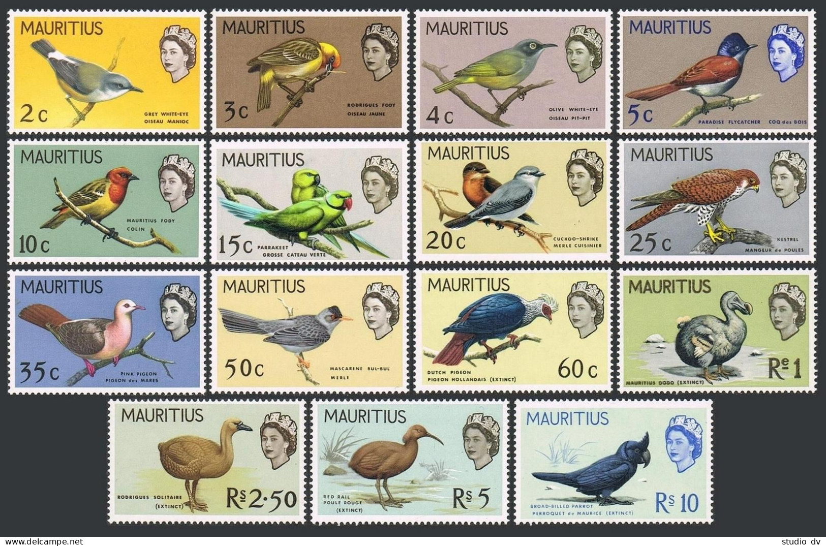 Mauritius 276-290,hinged.Michel 268-282. Birds 1965.White-eye,Flycatcher,Parrot, - Mauritius (1968-...)