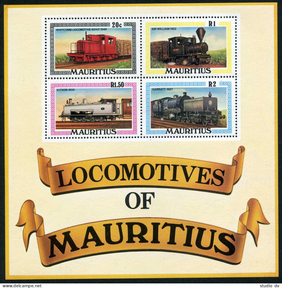 Mauritius 476-479, 479a Sheet, MNH. Michel 470-473, Bl.9. Locomotives 1979. - Mauritius (1968-...)