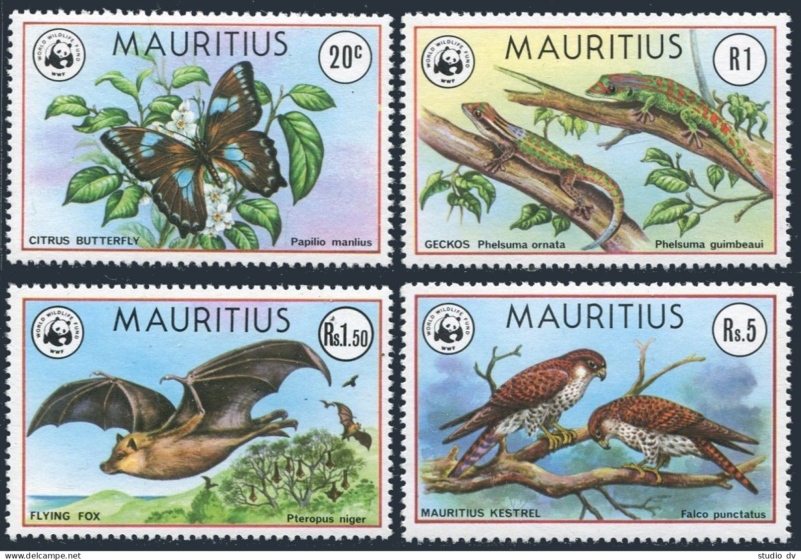 Mauritius 469-472, MNH. Michel 463-466. WWF 1978. Butterfly, Geckos, Flying Fox, - Maurice (1968-...)