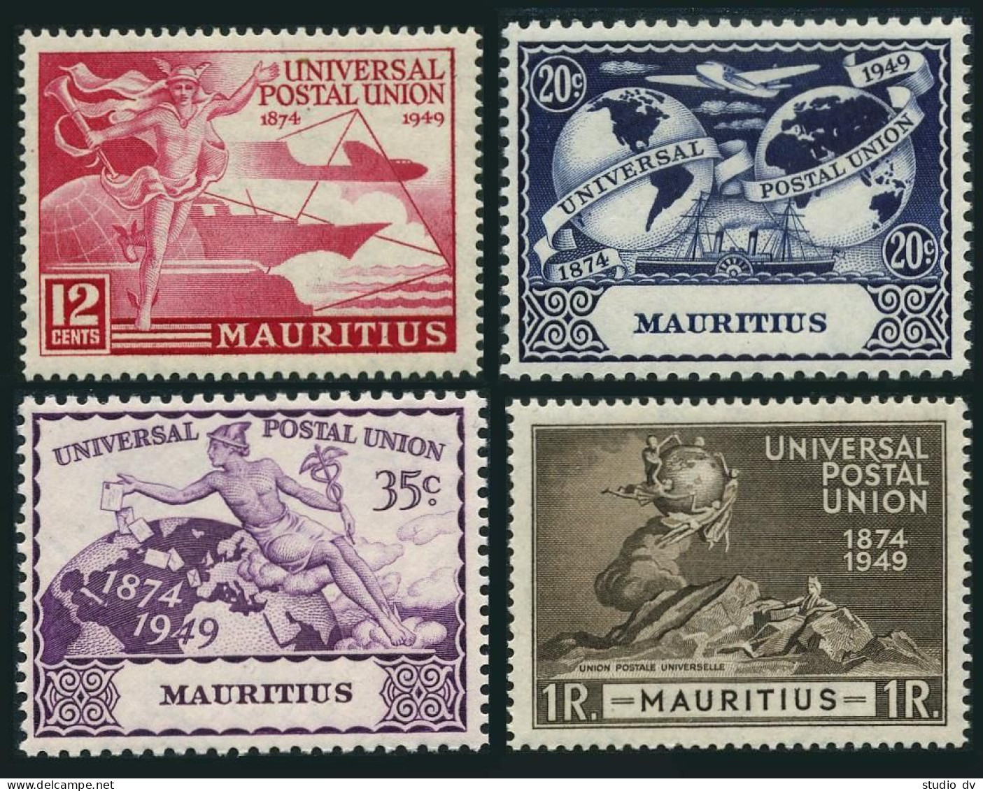 Mauritius 231-234,lightly Hinged.Mi 223-226.UPU-75,1949.Mercury,Plane,Ship,Globe - Mauritius (1968-...)