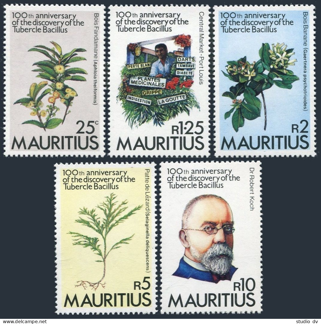 Mauritius 553-557, MNH. Mi 549-553. TB Bacillus-100, 1982. Plants. Robert Koch. - Mauritius (1968-...)