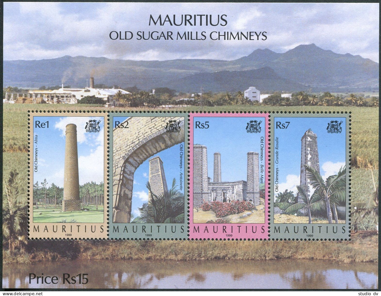 Mauritius 886-889, 889a Sheet, MNH. Old Sugar Mills Chimneys, 1999. - Maurice (1968-...)
