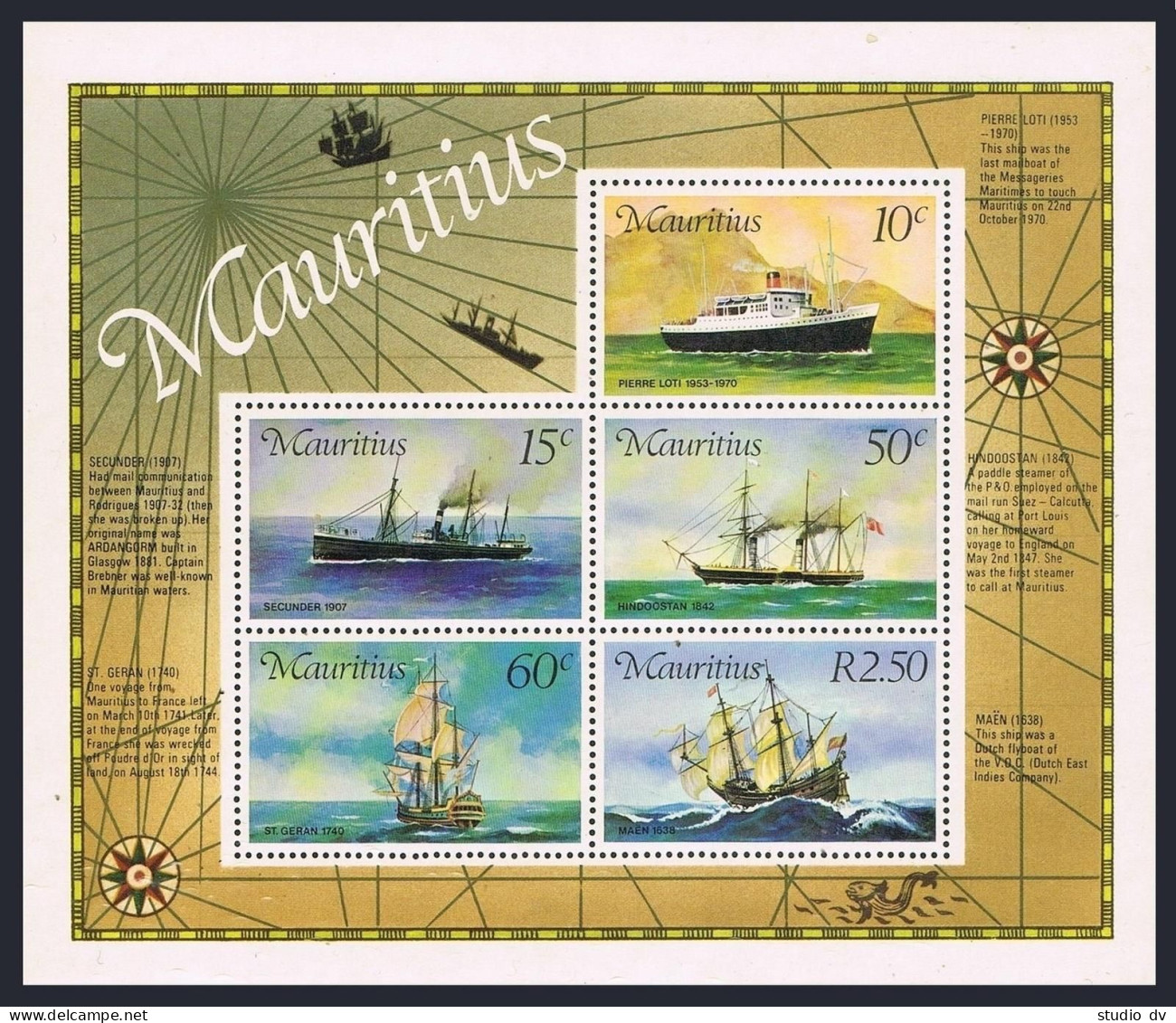 Mauritius 423a, MNH. Mi Bl.40. Mail Carriers, 1976. Pierre Loti, Secunder, Maen, - Mauritius (1968-...)