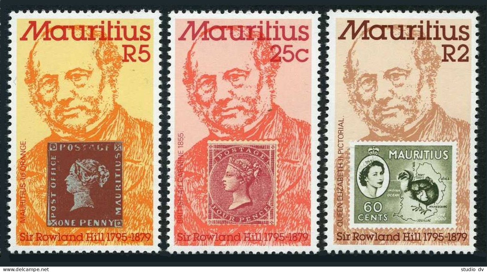 Mauritius 484-486, 487, MNH. Mi 480-482, Bl.11. Sir Rowland Hill. Bird Dodo,Map. - Maurice (1968-...)