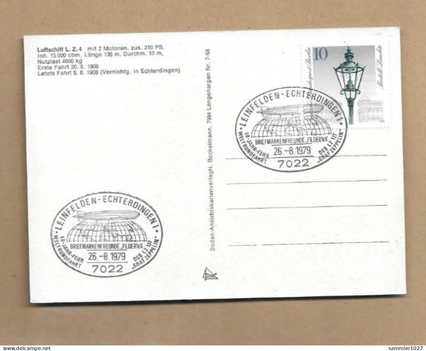 Los Vom 19.05 -  Ansichtskarte Zeppelin Aus Leinefelden 1979 - Briefe U. Dokumente