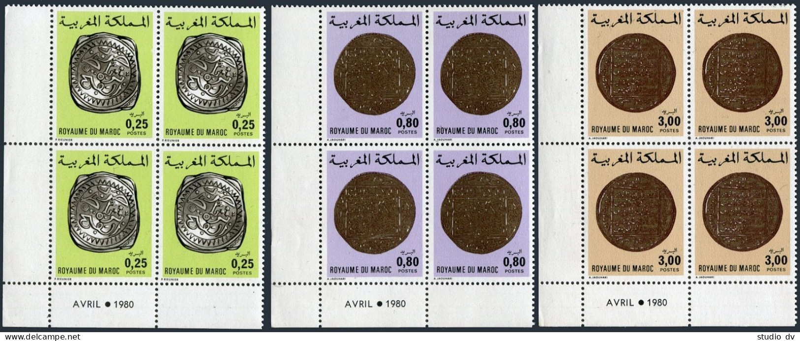 Morocco 403A-405A-406A Blocks/4,MNH. Michel A929-C929. Coins 1981. - Maroc (1956-...)