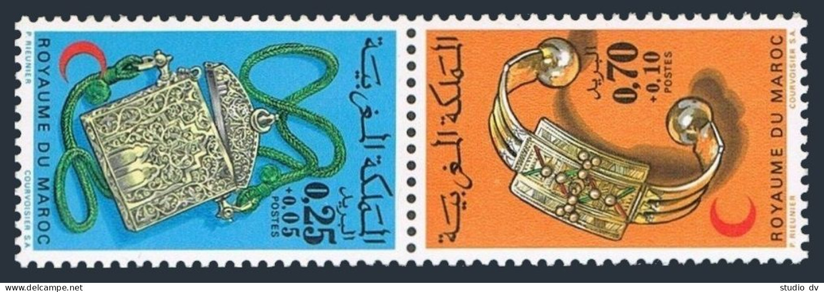 Morocco B29-B30a Pair, MNH. Mi 749-750. Red Crescent 1973. Silver Box, Bracelet. - Morocco (1956-...)