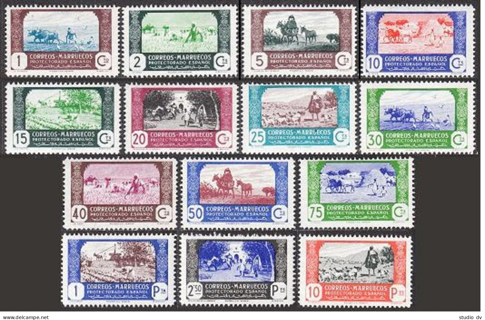 Spanish Morocco 236-249,hinged. Mi 236-249. Agriculture 1944. Plowing,sheep,dog. - Morocco (1956-...)