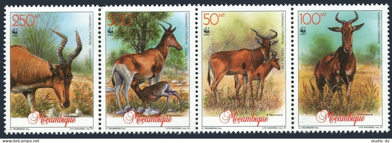 Mozambique 1145 Ad Strip, MNH. Mi 1231-1234. WWF 1991. Alcelaphus Lichtensteini. - Mozambique