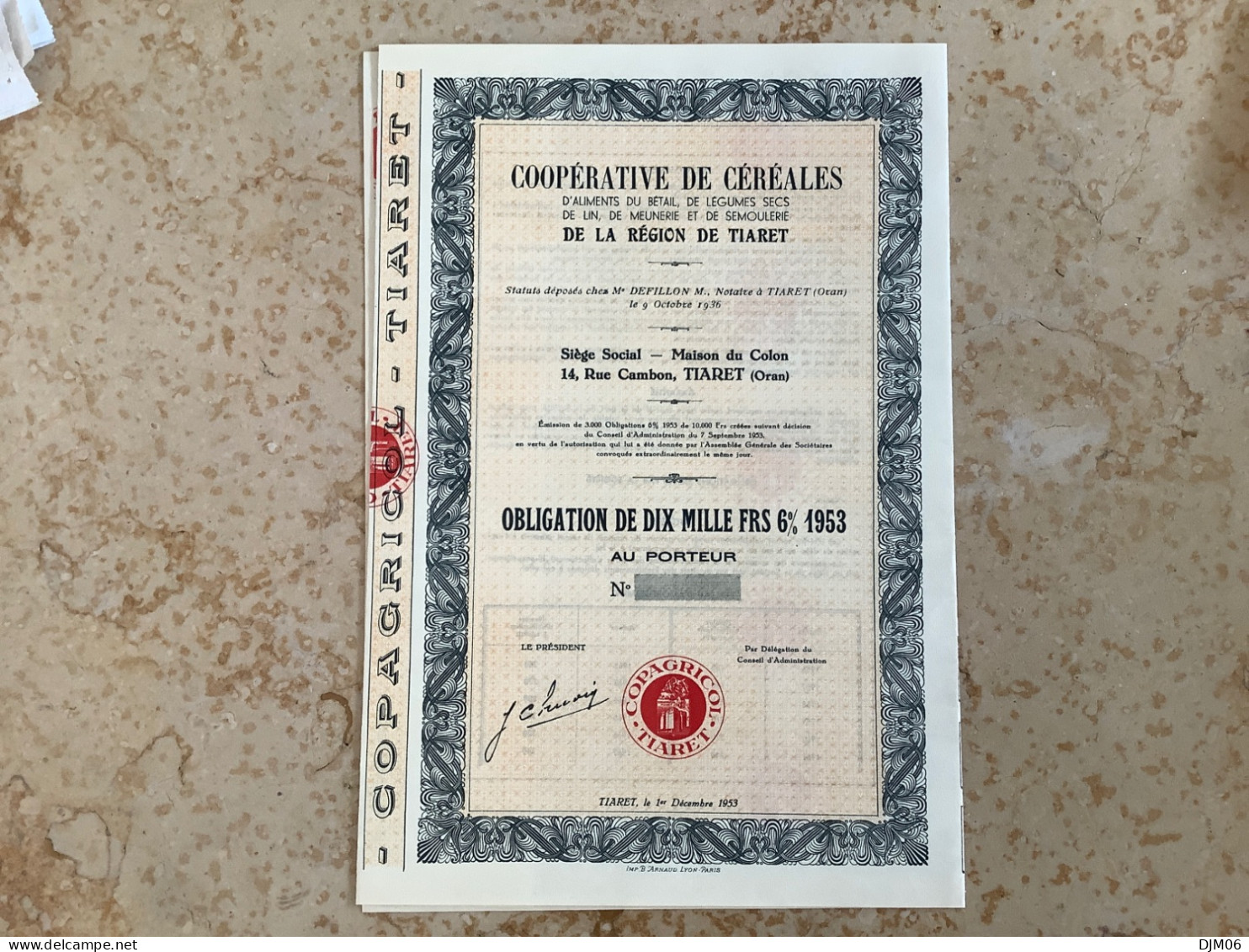 ALGÉRIE: Action De 1953 " Coopérative De Céréales De La Région De TIARET " RRR - Agricoltura