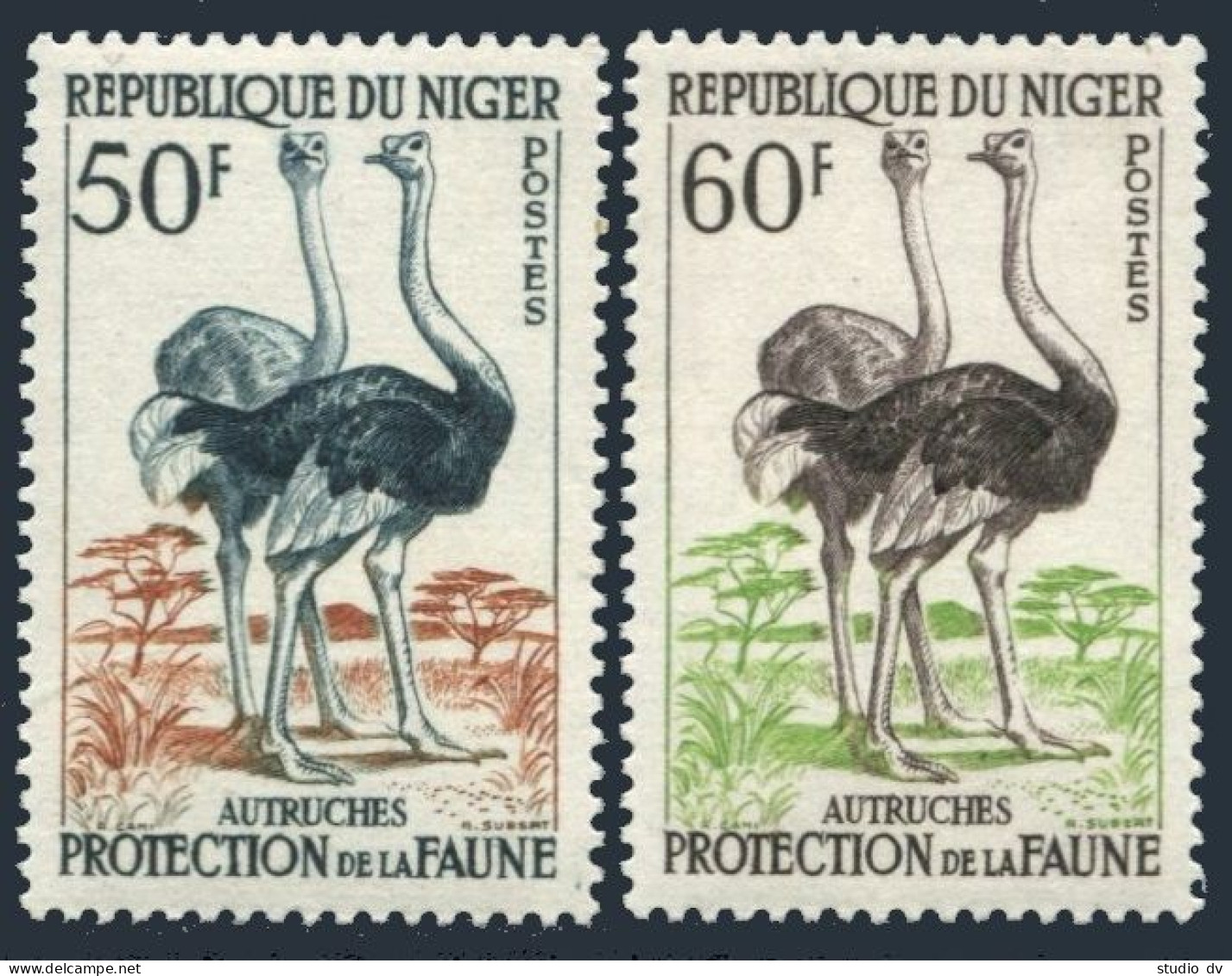 Niger 99-100, Lightly Hinged. Michel 9-10. Ostriches, 1960. - Niger (1960-...)