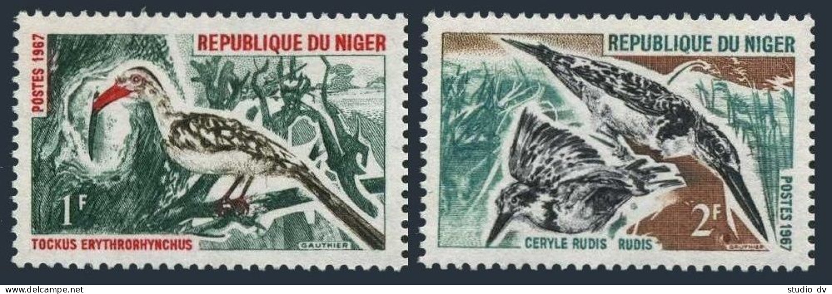 Niger 184-185, MNH. Michel 149-150. Birds 1967. Hornbill, Pied Kingfisher. - Niger (1960-...)
