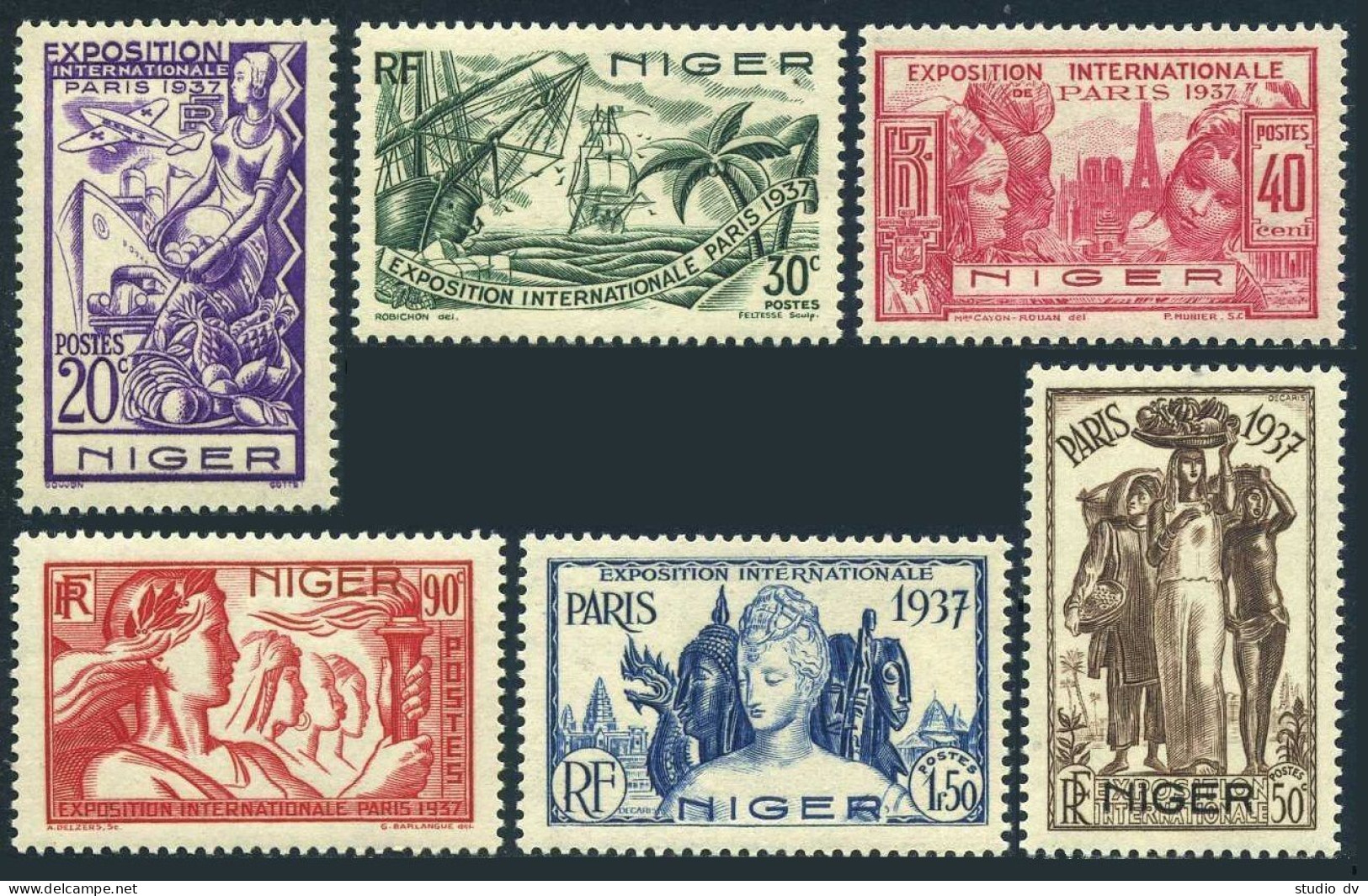Niger 77-82,MNH.Mi 154-159. Paris 1937 Colonial Art EXPO.Ship,Plane,Fruit,Woman. - Niger (1960-...)