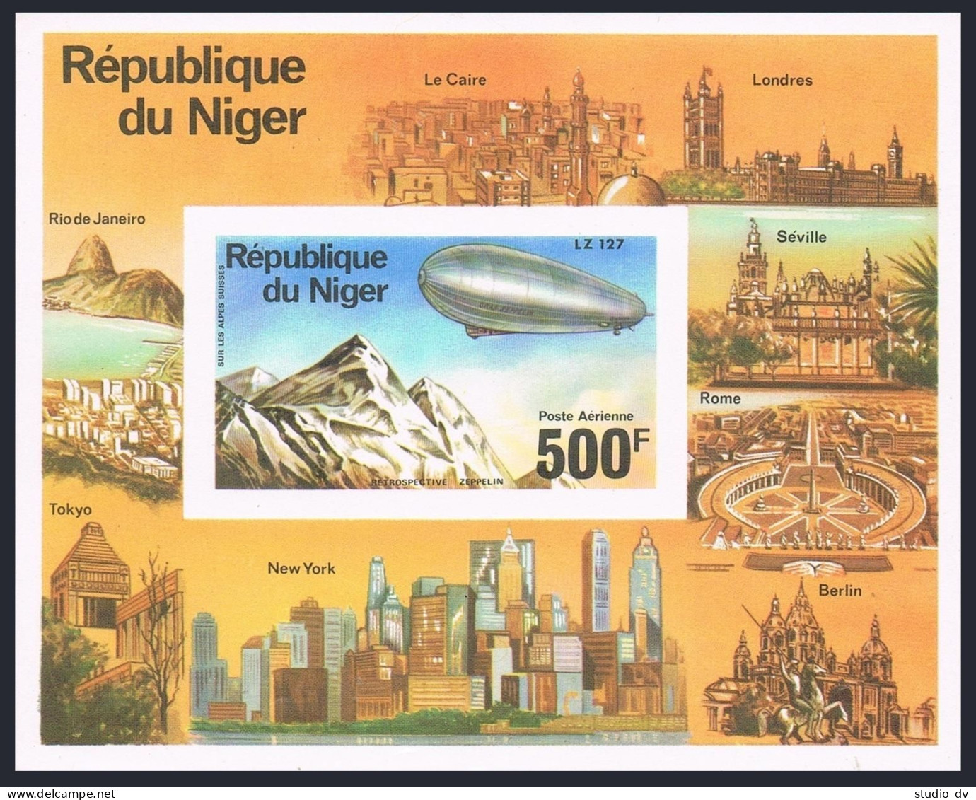 Niger C278 Deluxe,MNH.Mi Bl.14B. Zeppelin-75,1976.Zeppelins Over Swiss Alps. - Niger (1960-...)