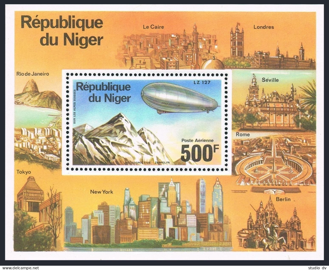 Niger C278,MNH.Michel Bl.14. Zeppelin-75,1976.Zeppelins Over Swiss Alps. - Niger (1960-...)