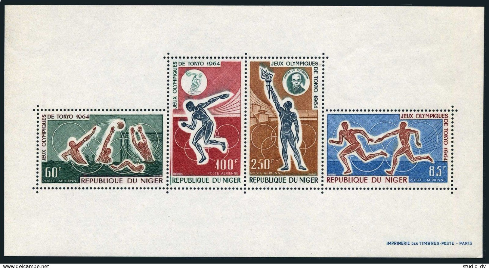 Niger C48a, MNH. Michel Bl3. Olympics Tokyo-1964.Pierre De Coubertin,Water Polo, - Niger (1960-...)