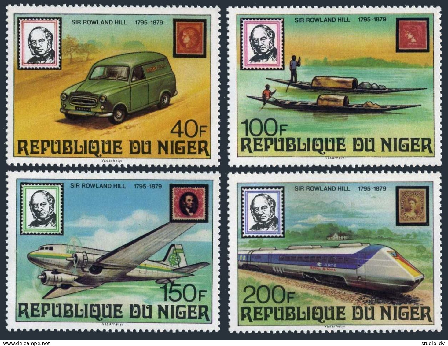 Niger 474-477,478, MNH. Mi 662-665, Bl.23. Sir Rowland Hill, 1979. Truck, Train, - Niger (1960-...)