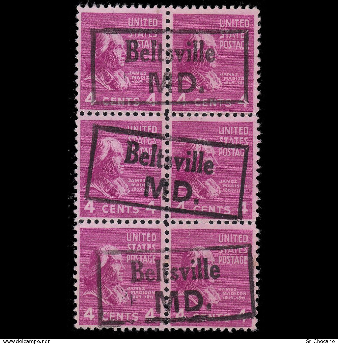 US Stamps.1938-54.Madison.4c .Blq 6.USED.Scott 808 - Oblitérés