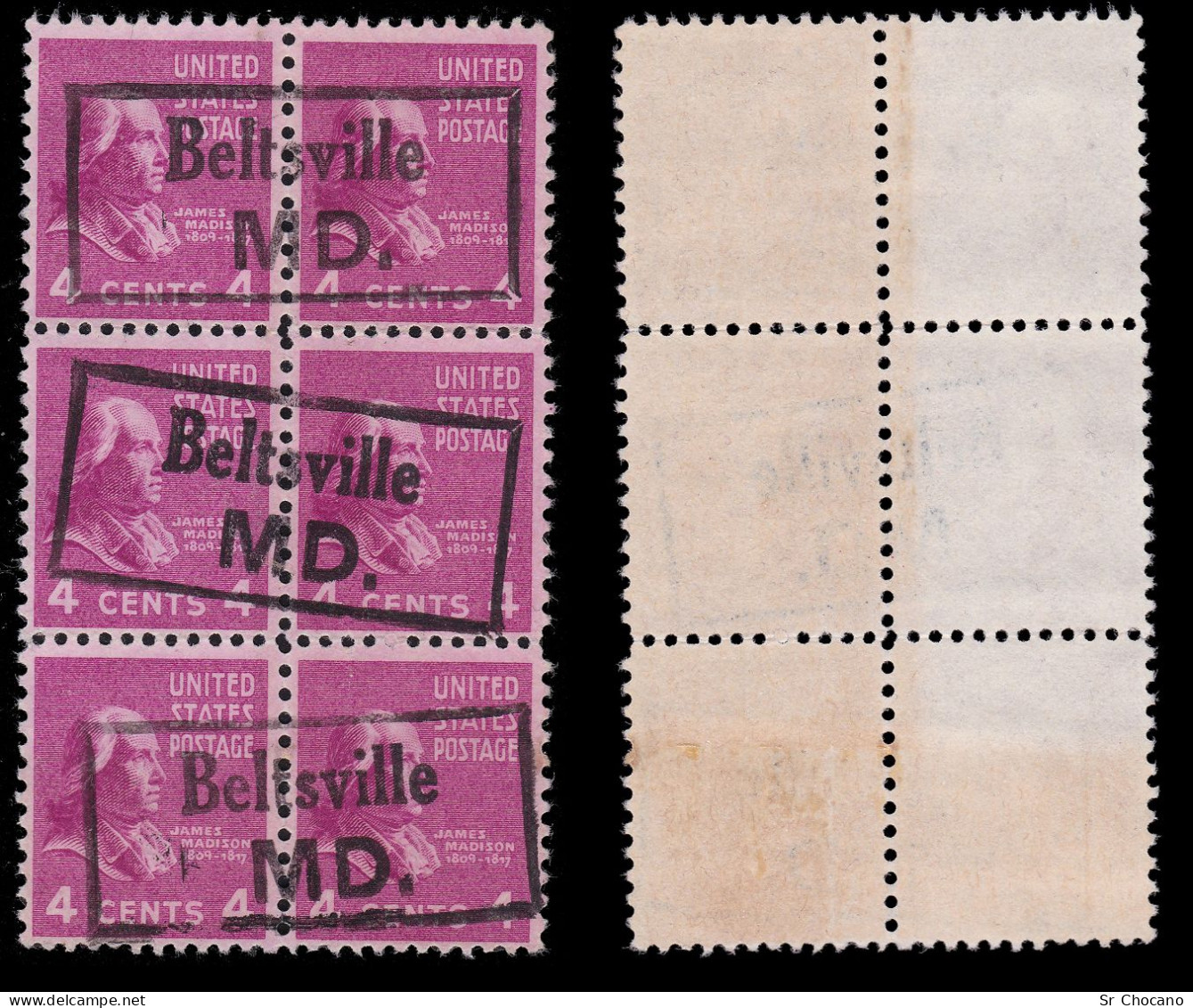 US Stamps.1938-54.Madison.4c .Blq 6.USED.Scott 808 - Gebraucht