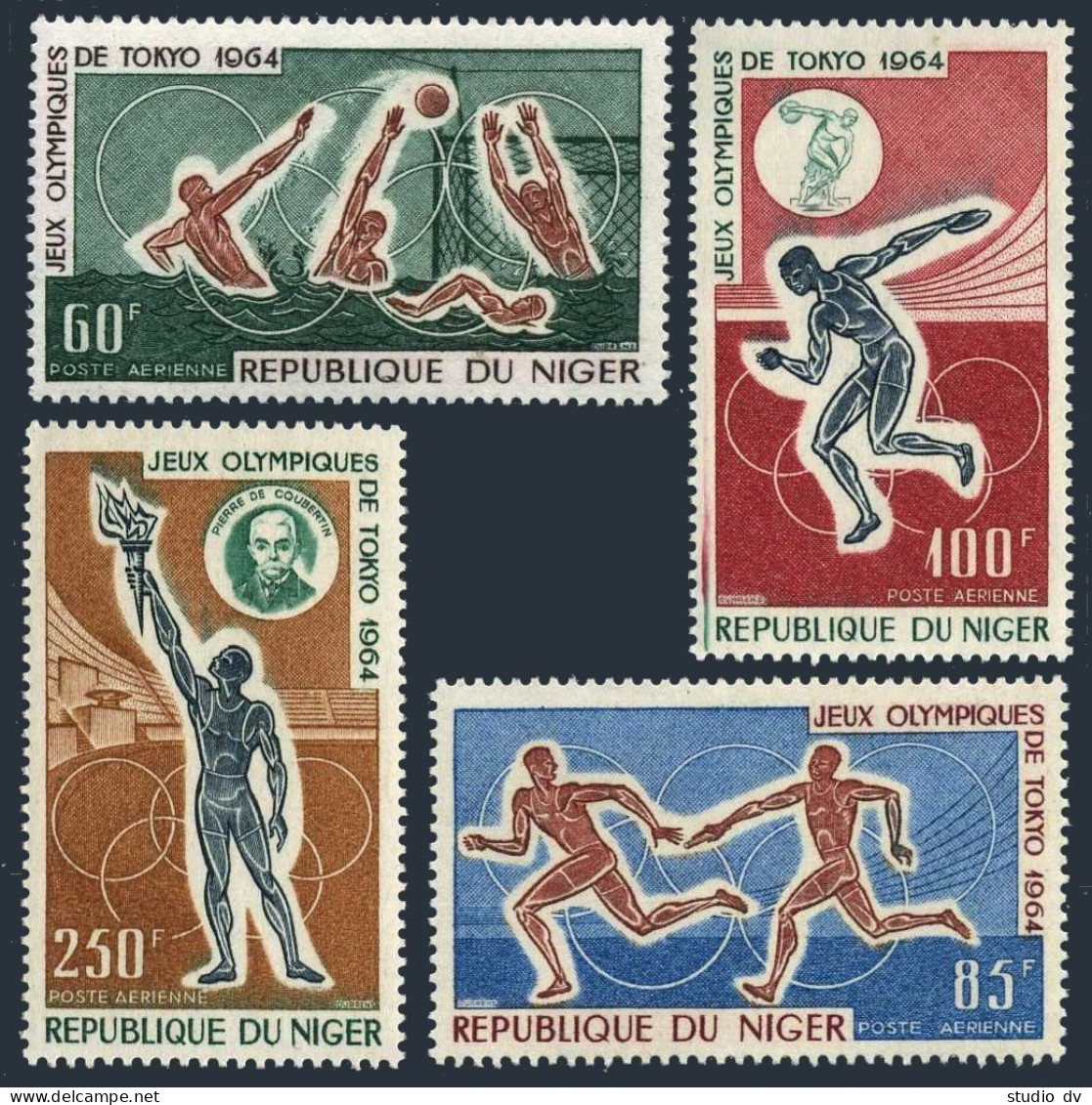 Niger C45-C48,C48a, MNH. Mi 79-82,Bl3. Olympics Tokyo-1964. Pierre De Coubertin, - Niger (1960-...)