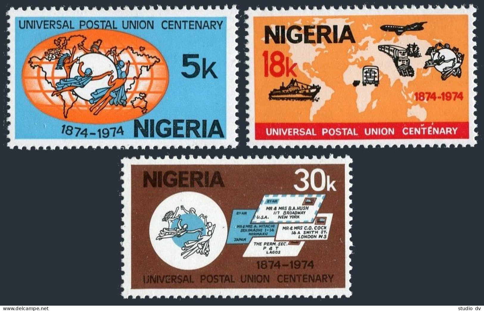 Nigeria 321-323, MNH. Michel 304-306. UPU-100,1974. Map,airplane,car,train,ship. - Niger (1960-...)