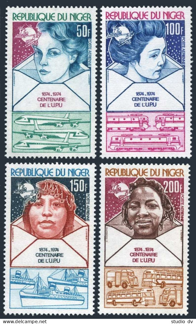 Niger C240-C243, MNH. Mi 442-445. UPU-100,1974. Envelope; Womens,Jet,Train,Ship, - Niger (1960-...)