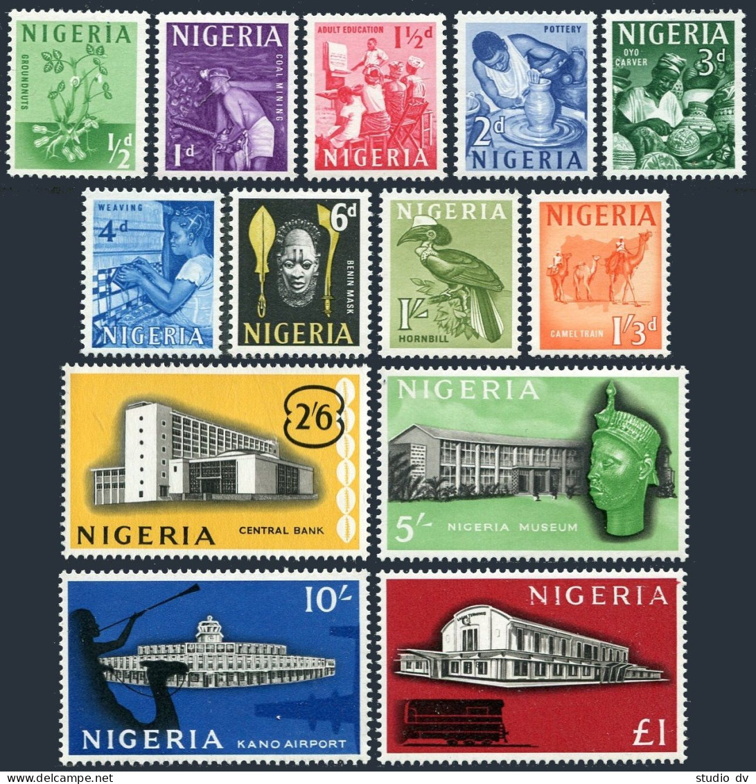 Nigeria 101-13,MNH. Design 1961.Peanut,Miner,Weaver,Hornbill,Camel,Kano Airport. - Nigeria (1961-...)