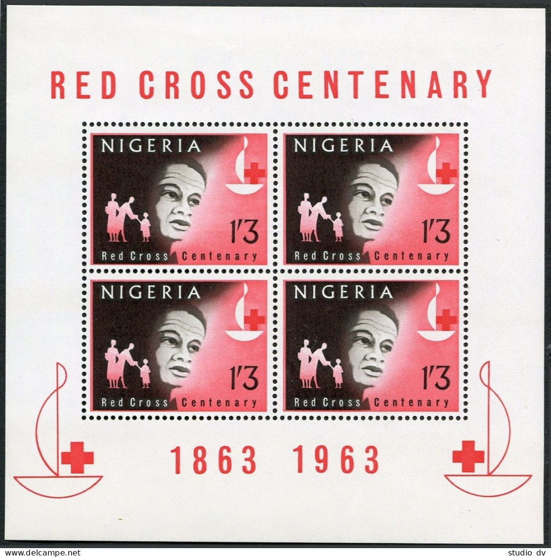Nigeria 147-149,149a Sheet, MNH. Michel 138-140,Bl.2. Red Cross Centenary, 1963. - Nigeria (1961-...)