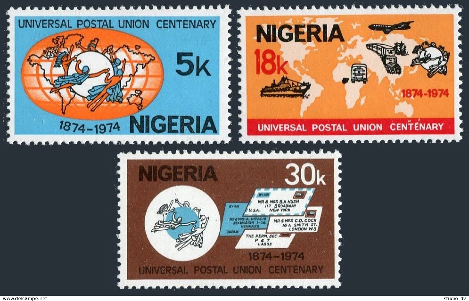 Nigeria 321-323, MNH. Michel 304-306. UPU-100,1974. Map,airplane,car,train,ship. - Nigeria (1961-...)