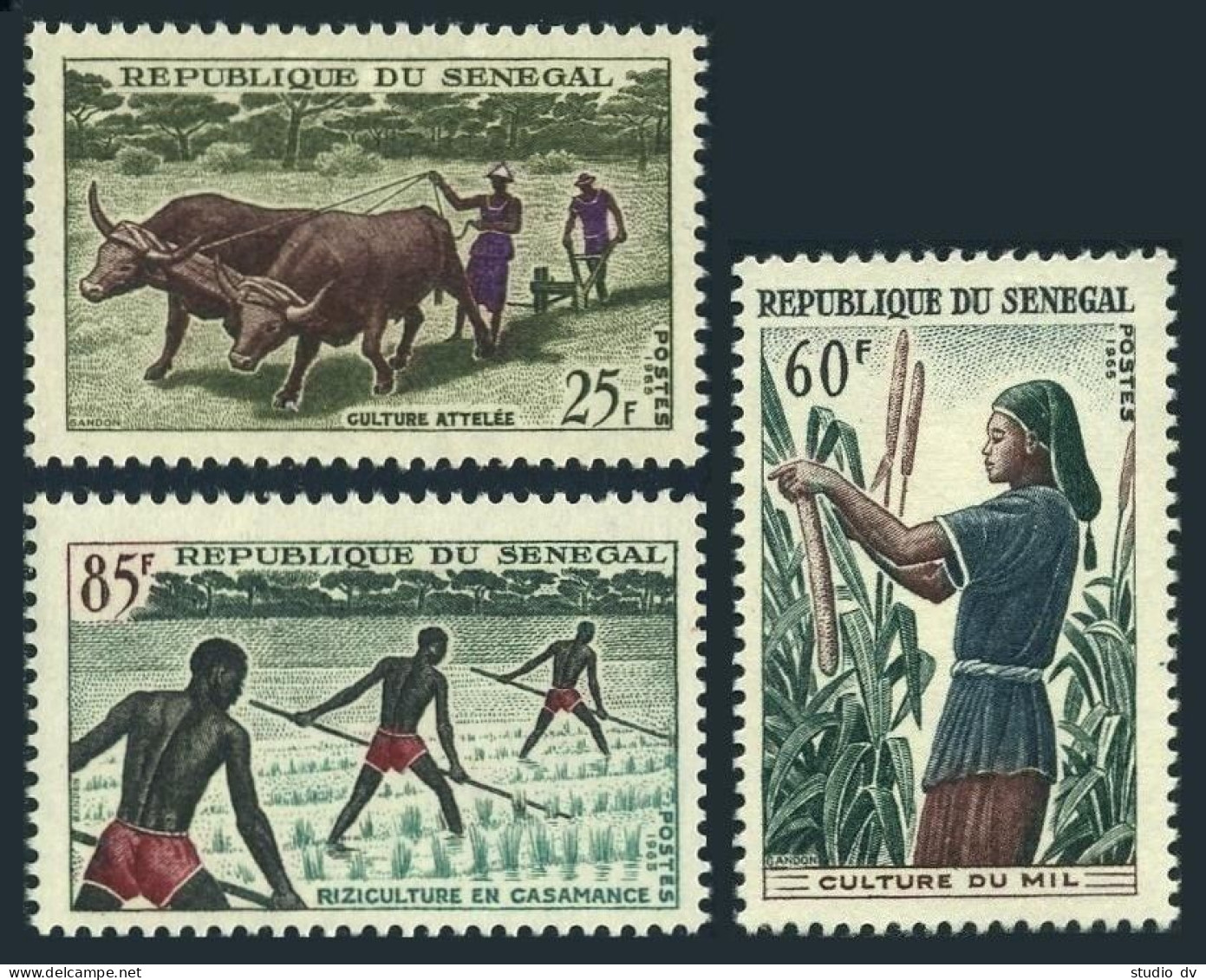 Senegal 250-252, Hinged.Mi 307-309. Agriculture 1965.Ox Team,Millet,Rice Field.  - Senegal (1960-...)