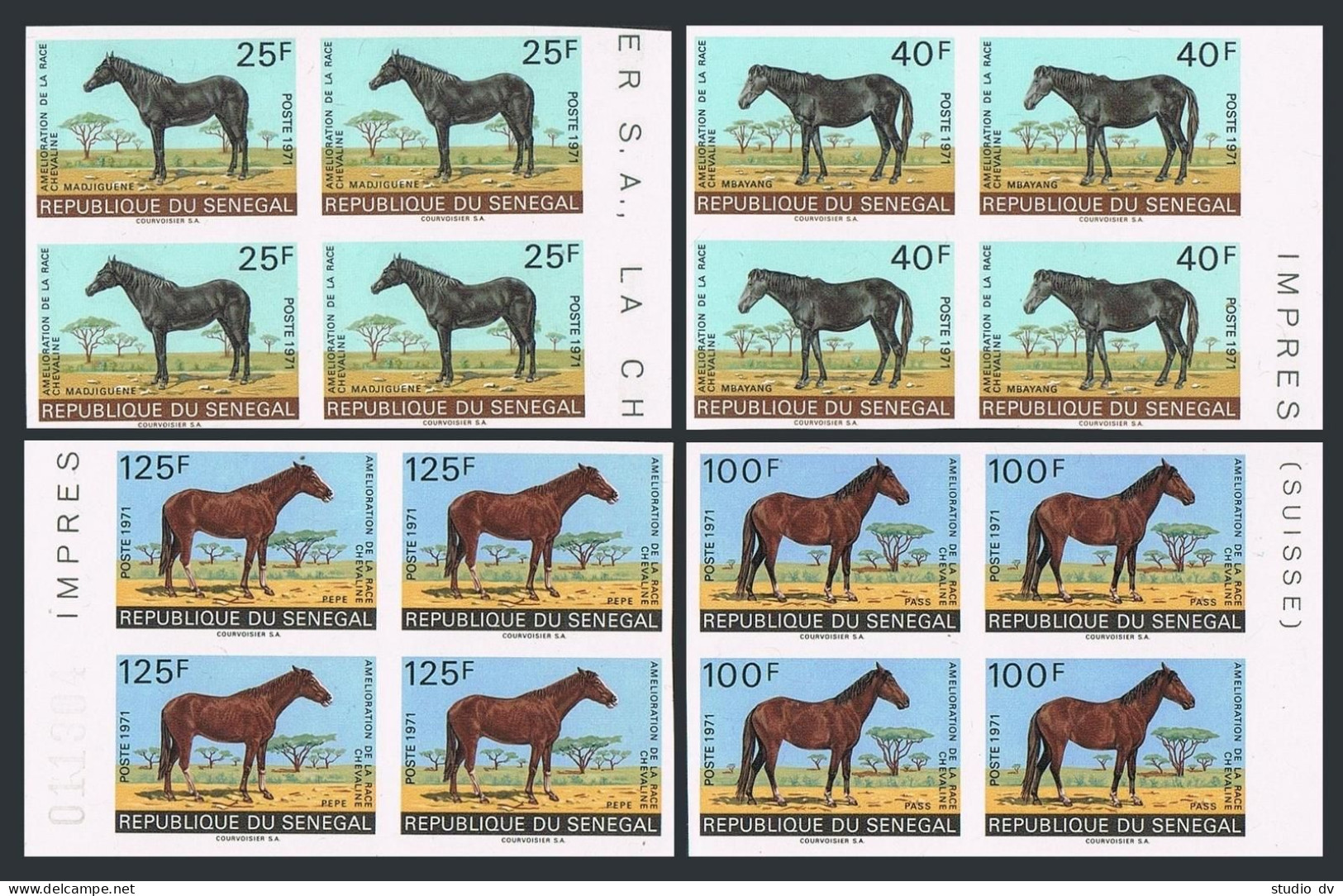 Senegal 338-341 Imperf Blocks/4,MNH.Michel 448B-449B,458B-459B. Horses,1971. - Senegal (1960-...)