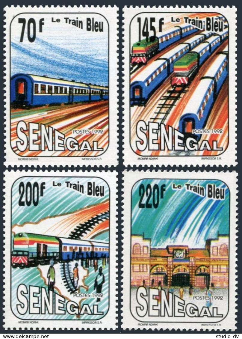 Senegal 1012-1015, MNH. Mi 1215-18. Railway 1992. Blue Train, Train Yard,Station - Senegal (1960-...)