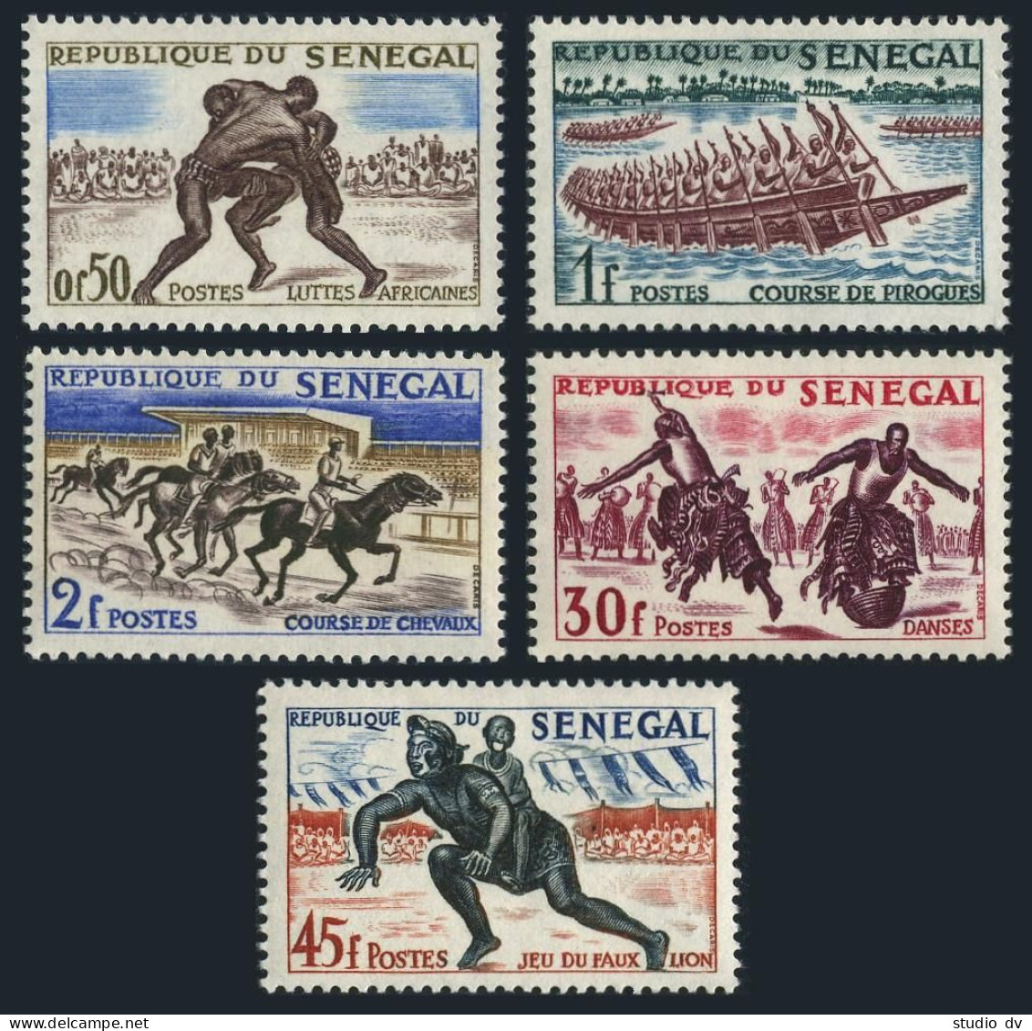 Senegal 202-206,MNH.Mi 245-249. Sport 1961. Wrestling, Pirogues Racing, Horse, - Sénégal (1960-...)