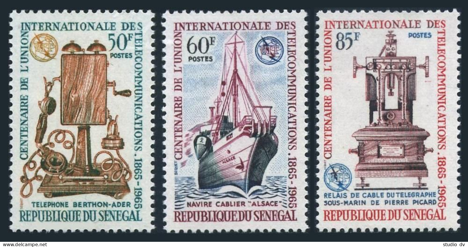 Senegal 247-249,MNH.Mi 304-306. ITU-100, 1965. Telephone,Cable Ship Alsace,Relay - Sénégal (1960-...)