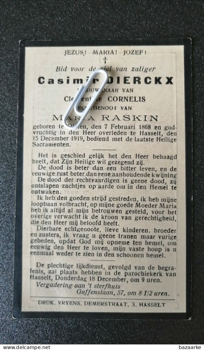 CASIMIR DIERICKX ° OLMEN 1868 + HASSELT 1919 / CLEMENTINA CORNELIS  /  MARIA  RASKIN - Images Religieuses