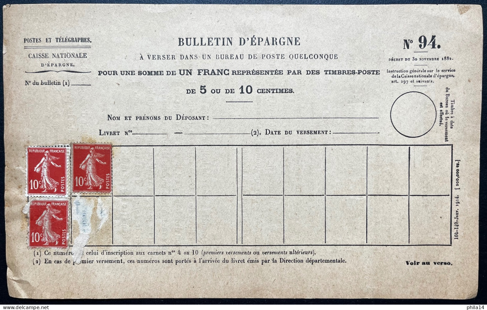 3X 10c SEMEUSE NEUFS SUR BULLETIN D'EPAGNE POSTES ET TELEGRAPHES N°94 - Documenten Van De Post