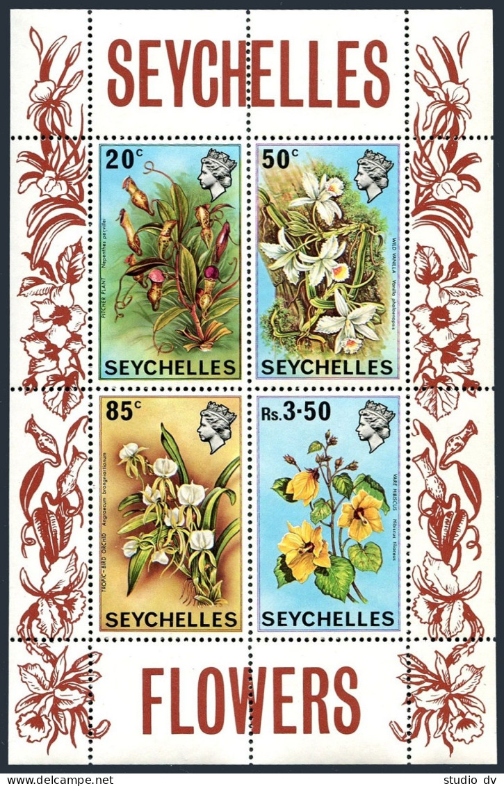 Seychelles 283a Sheet, MNH. Michel, Bl.1. Flowers 1970. Pitcher,Hibiscus,Vanilla - Seychelles (1976-...)