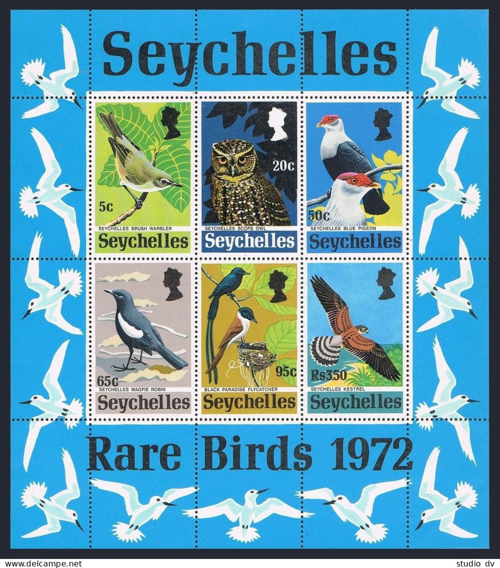 Seychelles 304a Sheet, MNH. Michel Bl.3. Rare Birds 1972: Warbler, Owl, Pigeon, - Seychellen (1976-...)