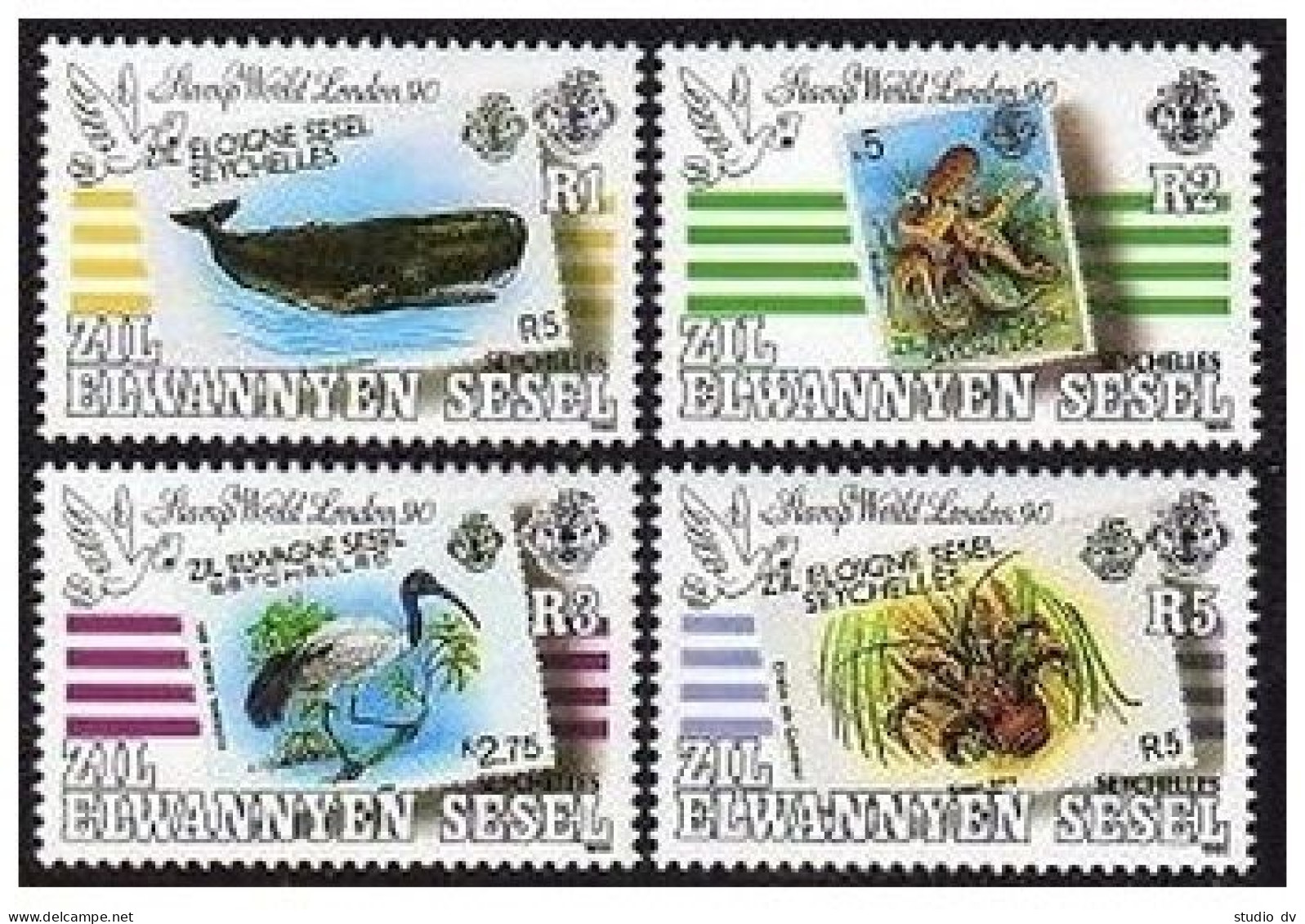 Seychelles Zil Sesel 166-170, MNH. Mi 179-182. Whale, Octopus, Ibis, Crab, 1990. - Seychelles (1976-...)