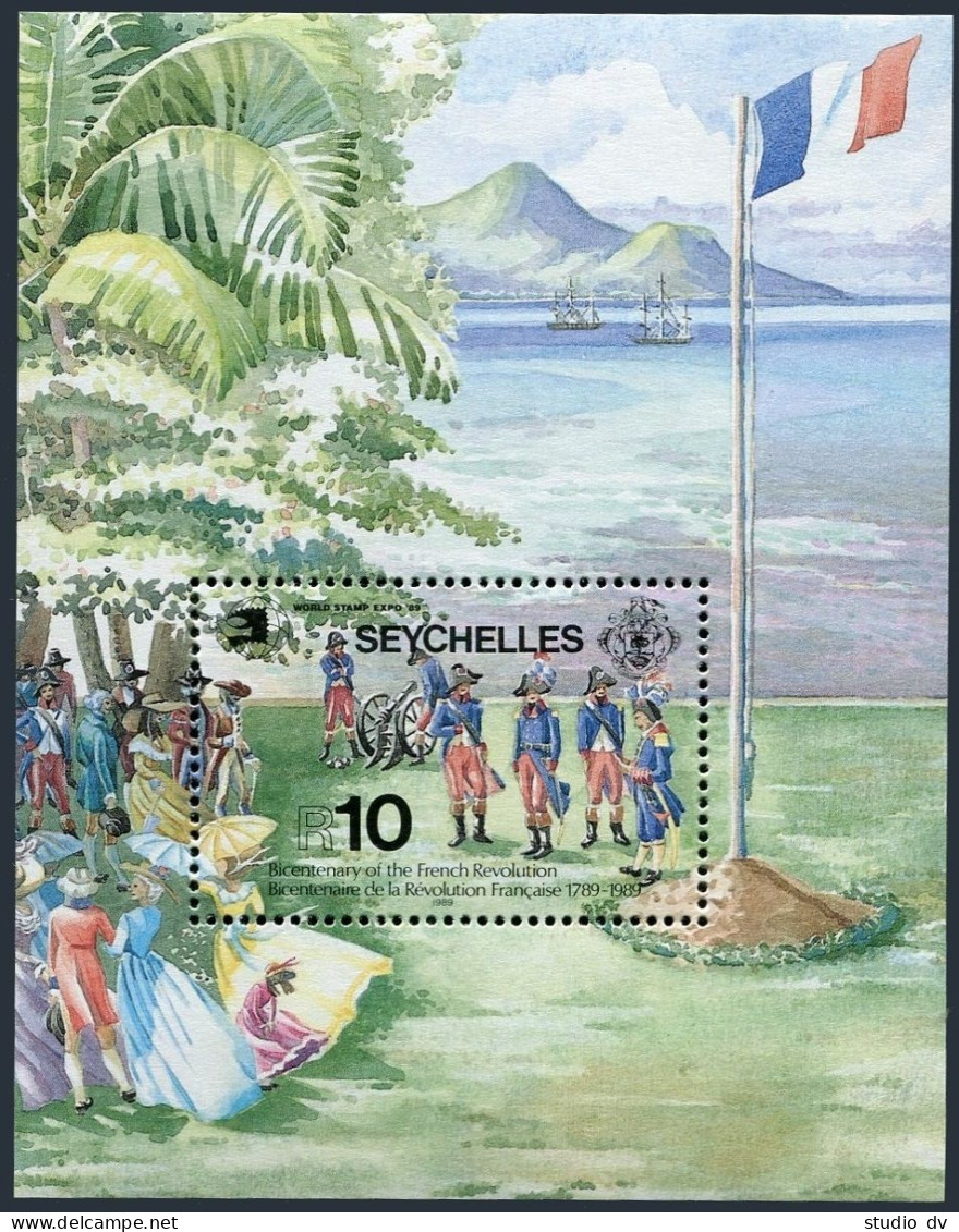 Seychelles 691,MNH.Michel Bl.34. French Revolution,200th Ann.1989.Flag,Ships. - Seychelles (1976-...)