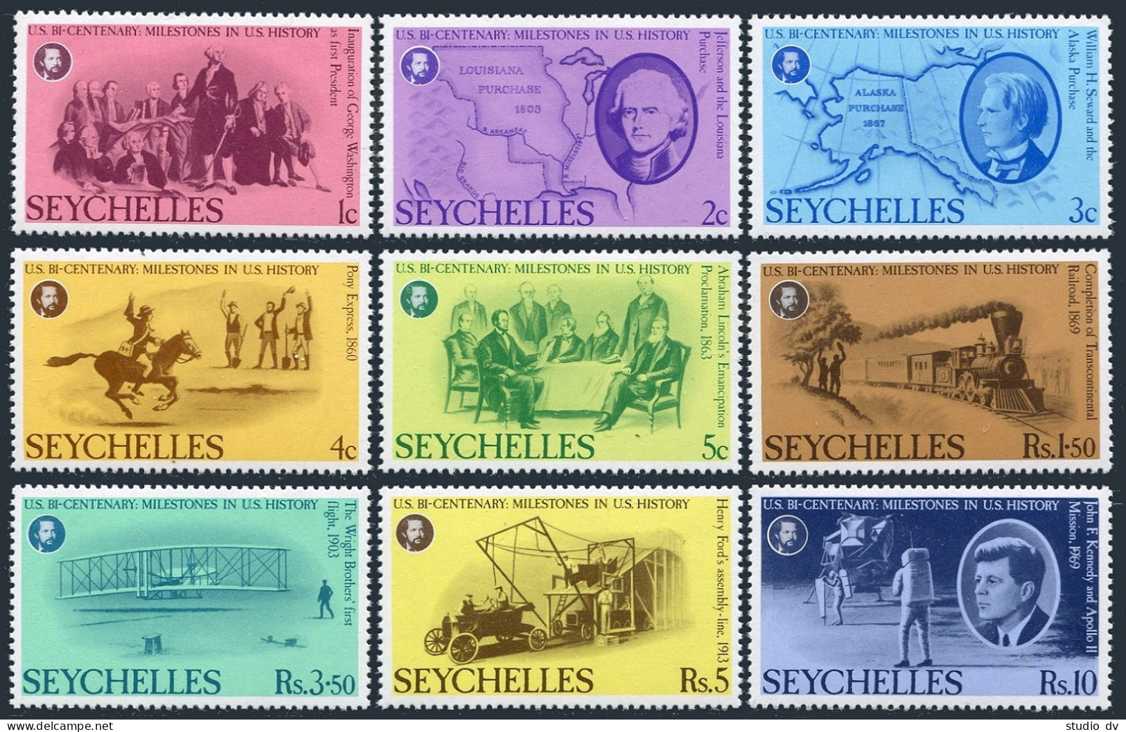 Seychelles 370-378, MNH. Mi 375-383. USA-200. History, Alaska, Apollo-11, Train, - Seychelles (1976-...)