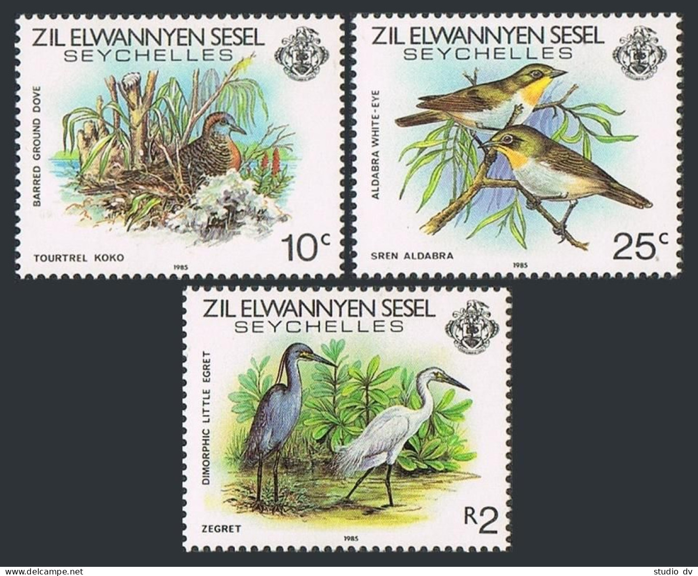 Zil Elwannyen Sesel 97-98,100, MNH. Mi 96-98. Birds 1985. Ground Dove, White-eye - Seychellen (1976-...)